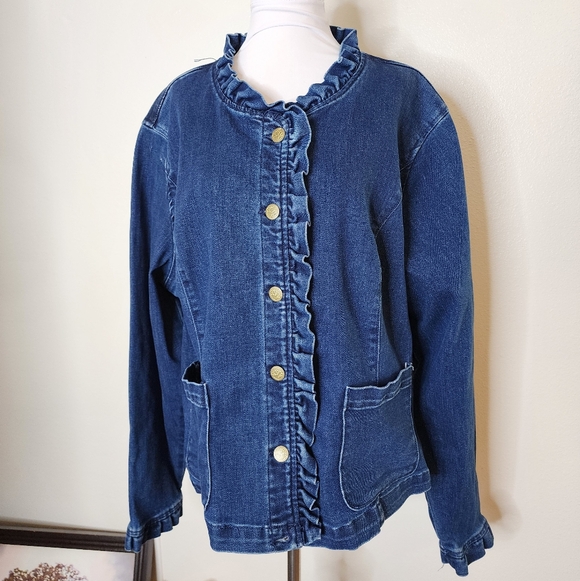 Draper James Blue Jean Jacket Ruffled Floral Buttons Spring Coat Denim - Picture 11 of 15